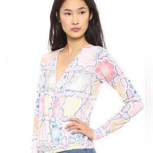 For Love & Lemons Crossover Blouse Size S Long Sleeve Elastic Waist Geometrical